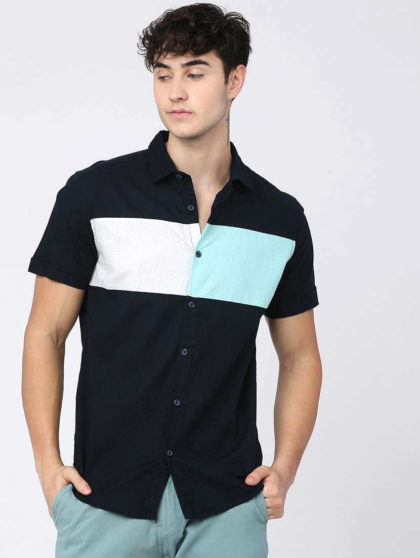 men collared color block casual shirt