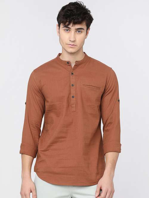 men solids mandarin neck short skurta