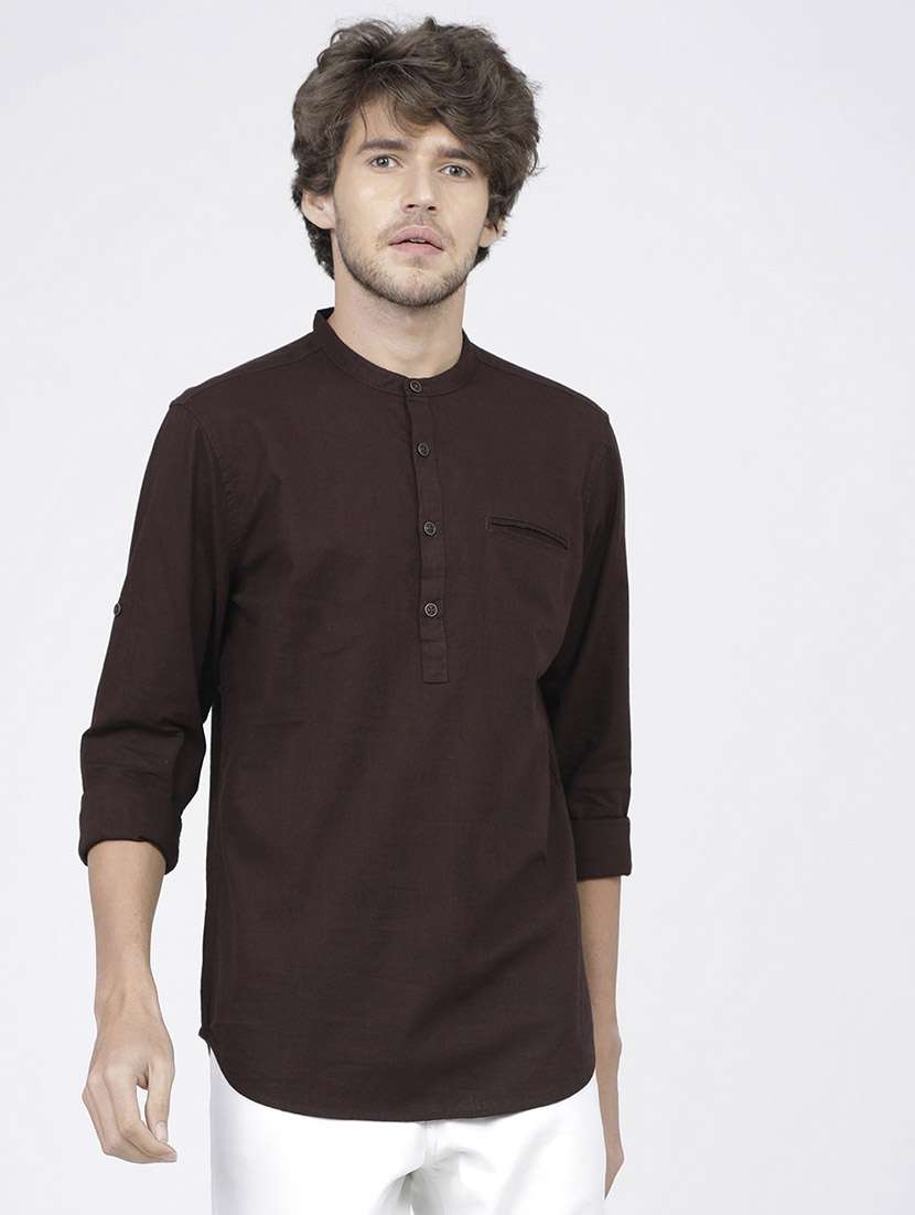 men solids mandarin neck short skurta