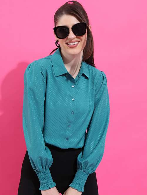 women sea green cotton blend regular shirt - 21488074 -  Standard Image - 0