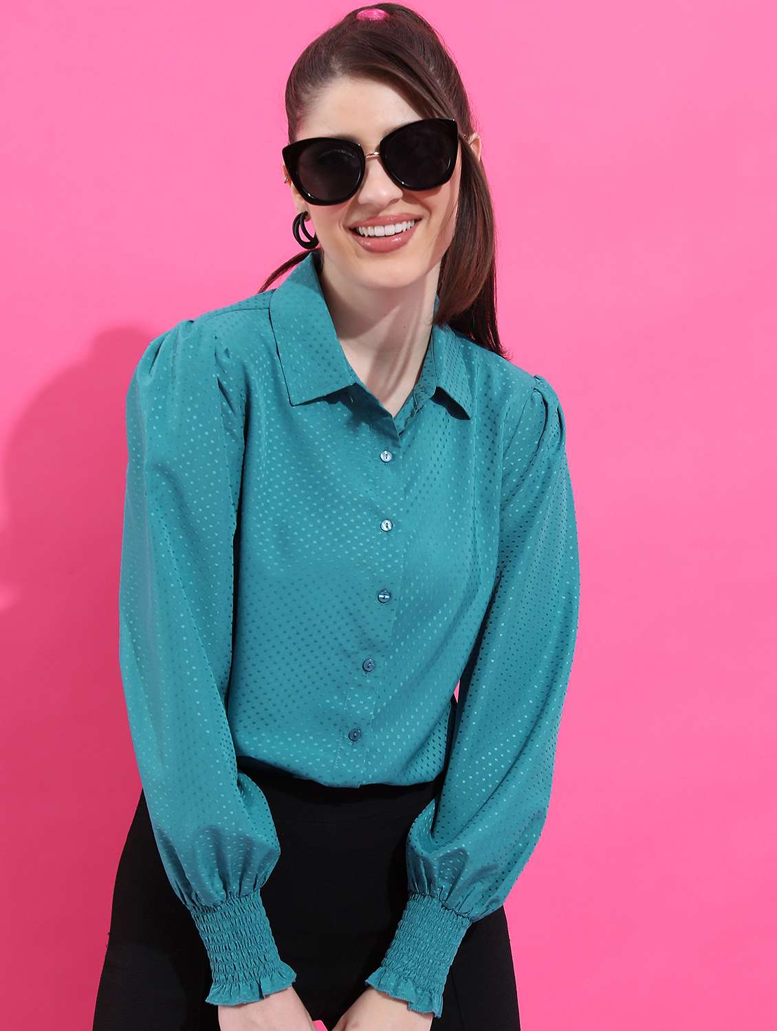 women sea green cotton blend regular shirt