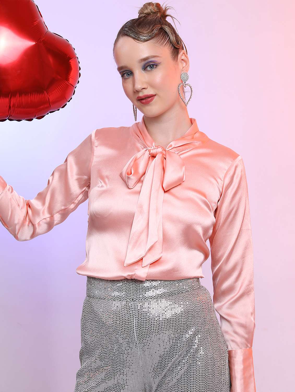 women peach cotton blend regular top