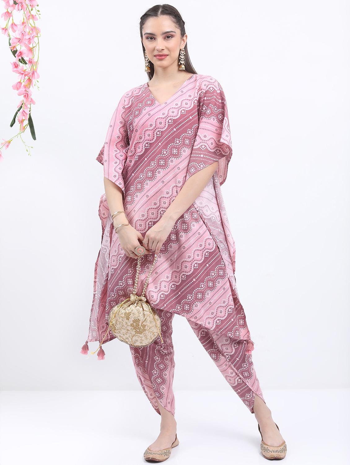 women mauve printed v neck kaftan set - 21488204 -  Zoom Image - 0