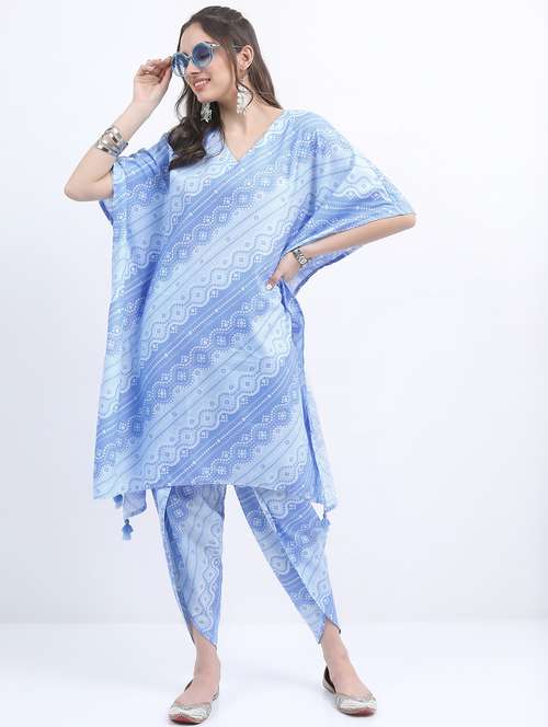 women light blue printed v neck kaftan set - 21488206 - Standard Image - 0