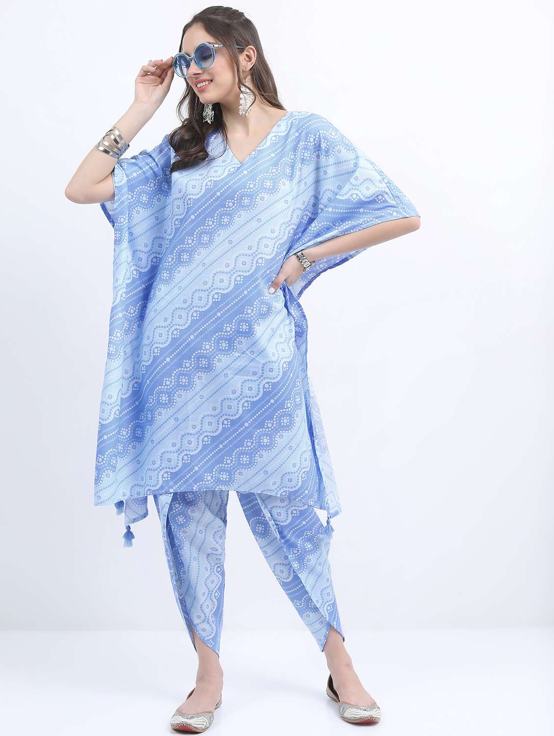 women light blue printed v neck kaftan set - 21488206 - Zoom Image - 0