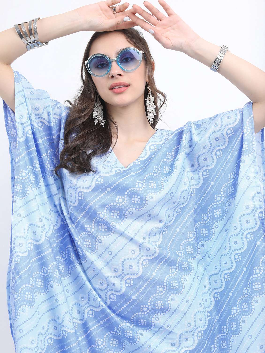 women light blue printed v neck kaftan set - 21488206 - Standard Image - 3
