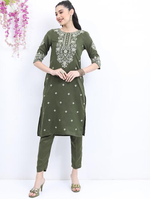 green embroidered kurta pant set - 21488236 - Standard Image - 0