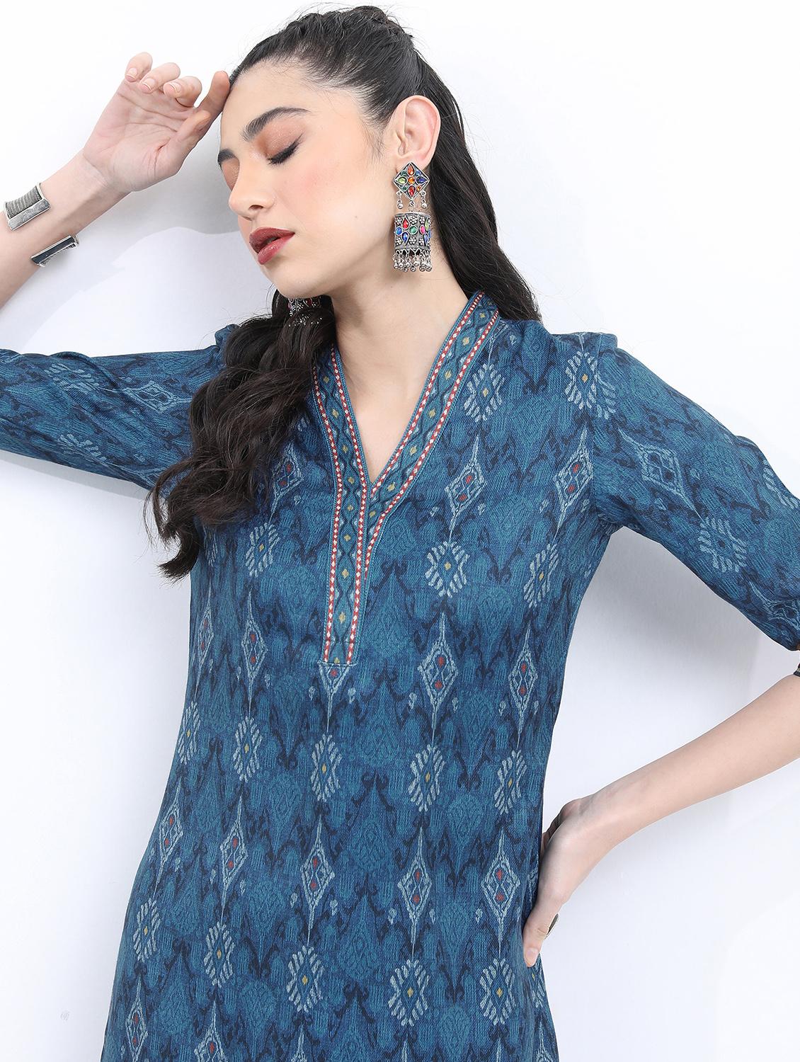 women blue v neck kurta pant set - 21488260 - Standard Image - 3