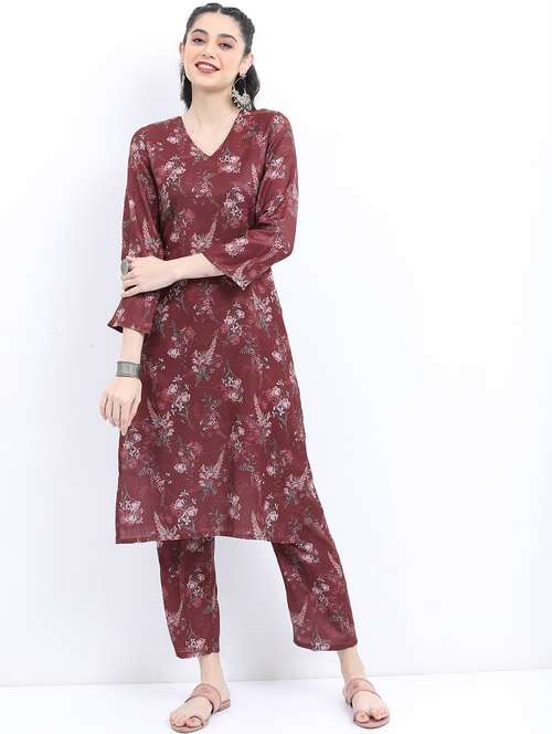 women maroon floral printed kurta pant set - 21488263 -  Standard Image - 0