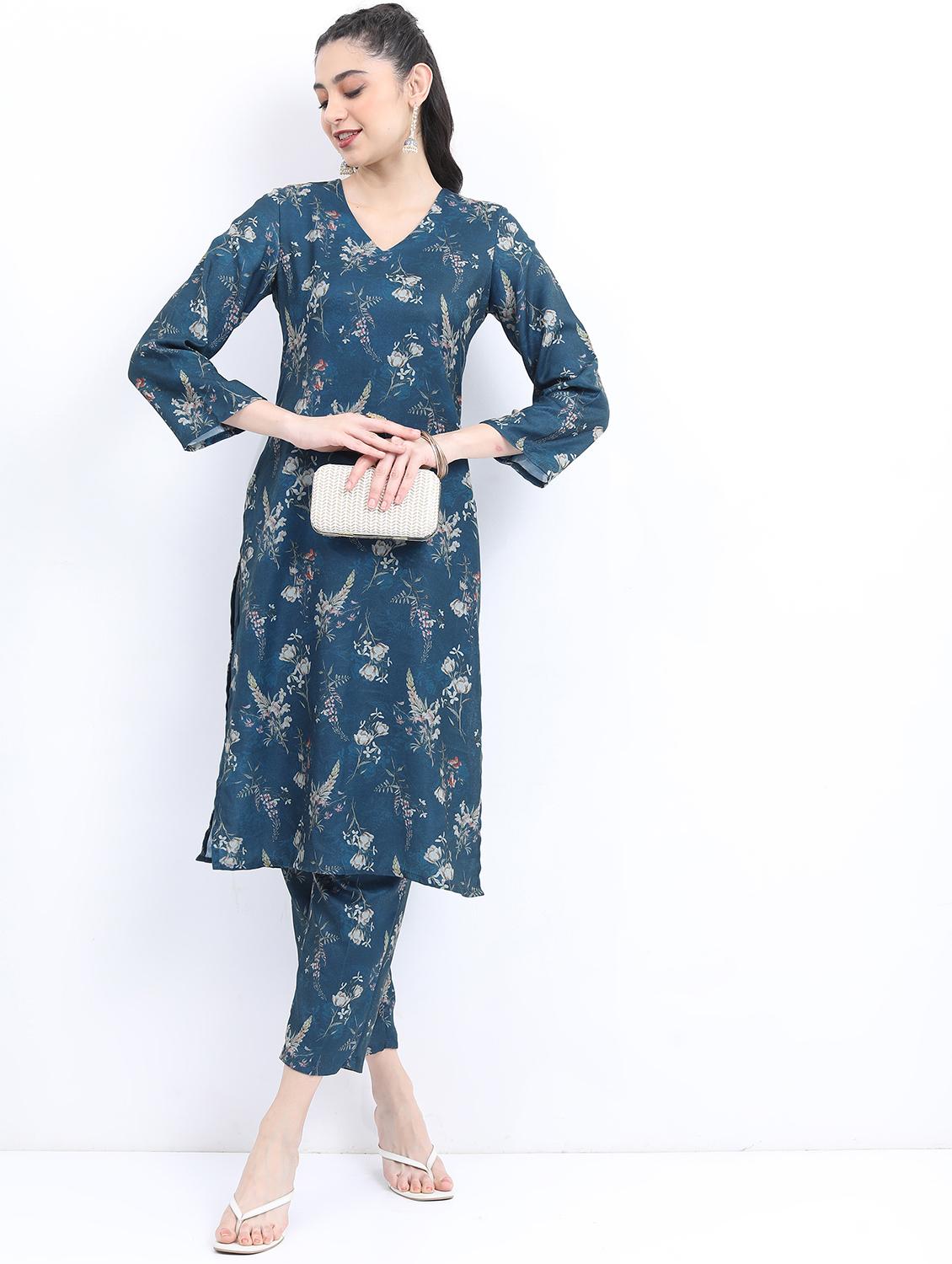 women teal floral printed kurta pant set