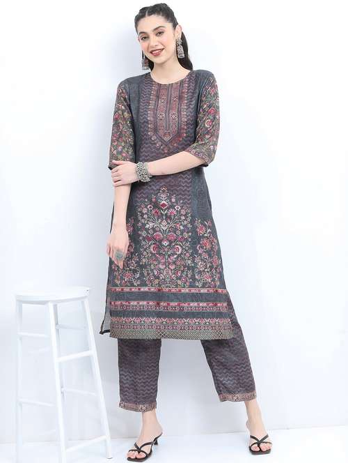 women grey round neck kurta pant set - 21488281 -  Standard Image - 0