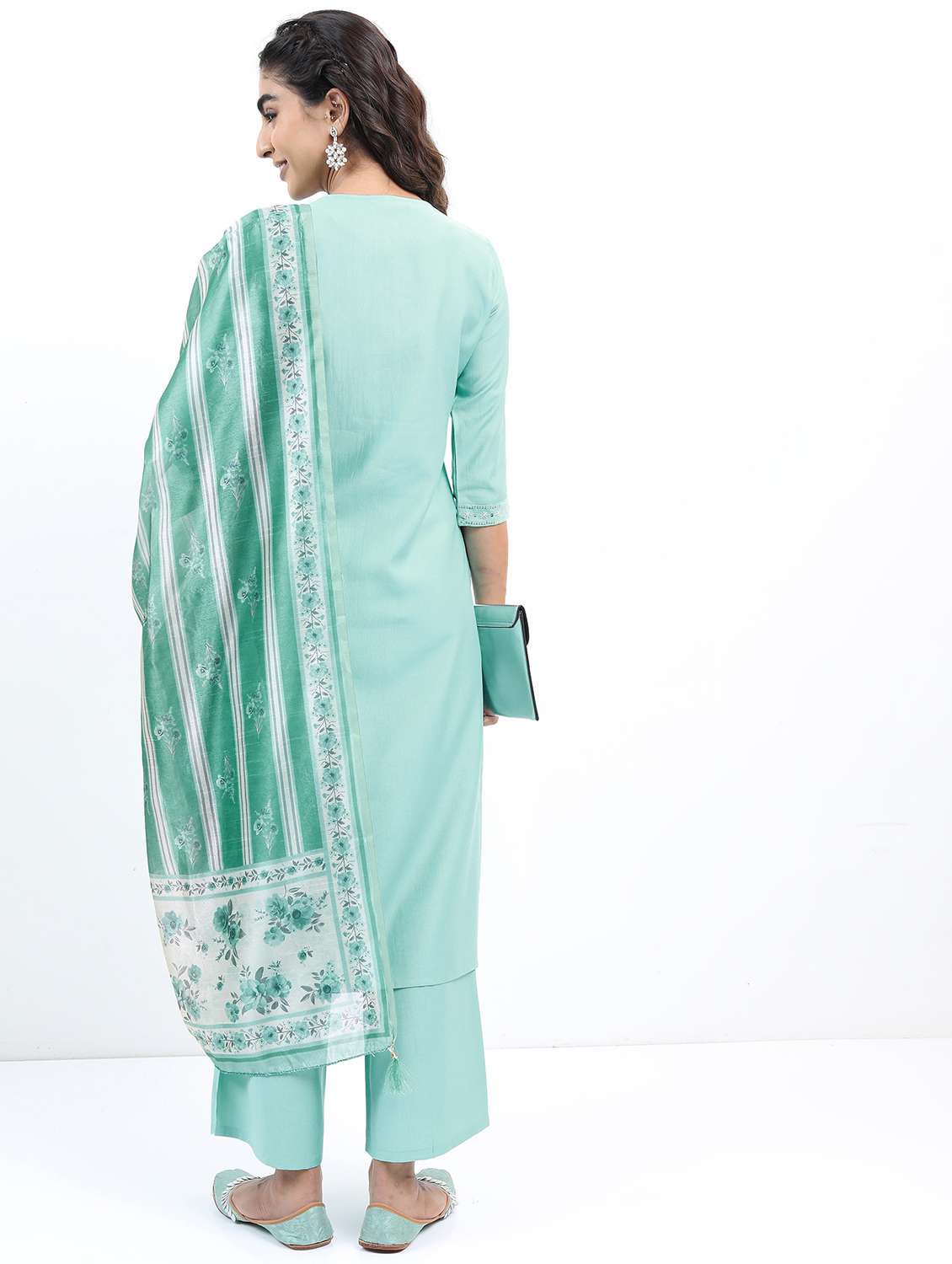 women sea green kurta palazzos set with dupatta - 21488312 - Standard Image - 3