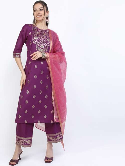 women purple kurta pant set with dupatta - 21488318 -  Standard Image - 0
