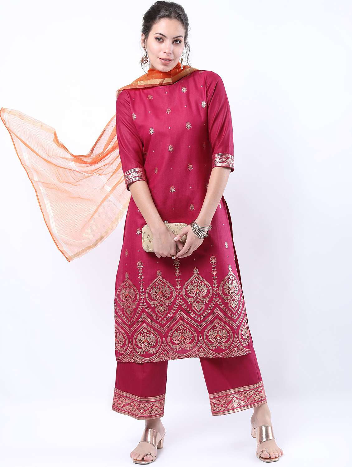 women pink kurta pant set with dupatta