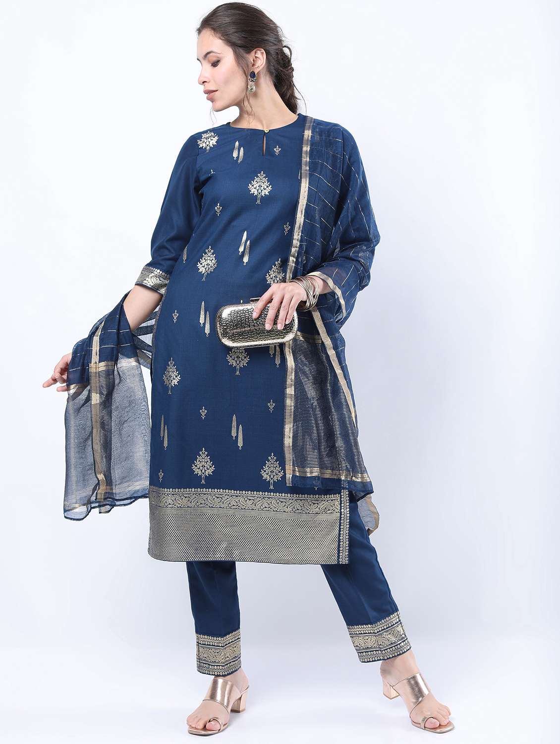 navy blue self-designed kurta pant set