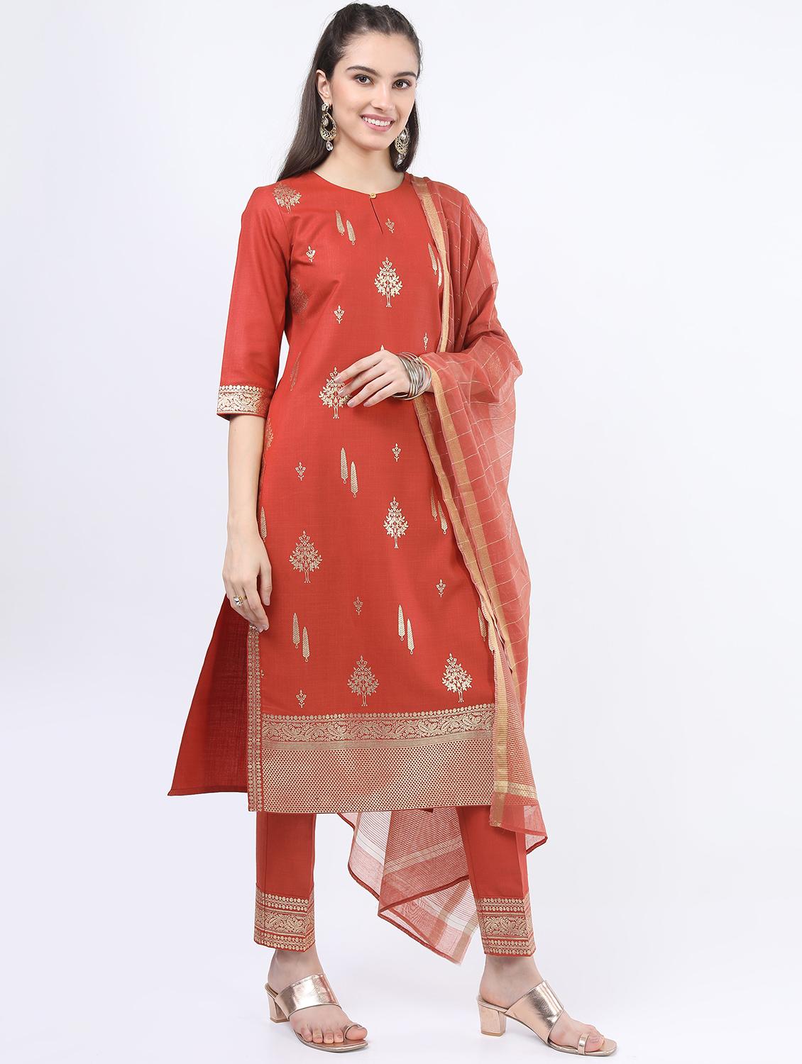 orange self-designed kurta pant set - 21488347 - Zoom Image - 0