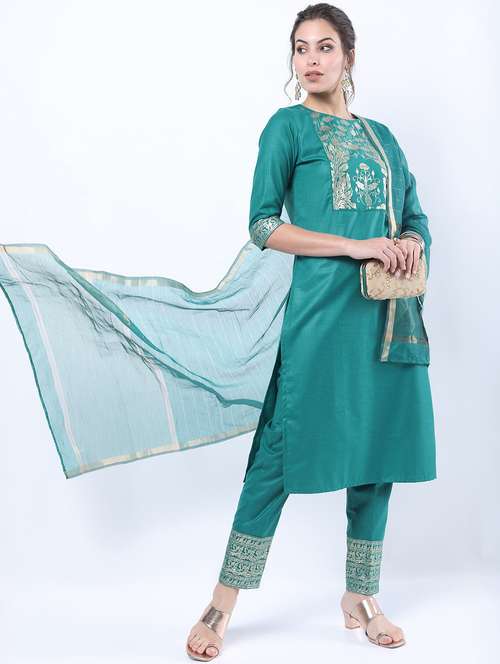 women turquoise kurta pant set with dupatta - 21488352 -  Standard Image - 0