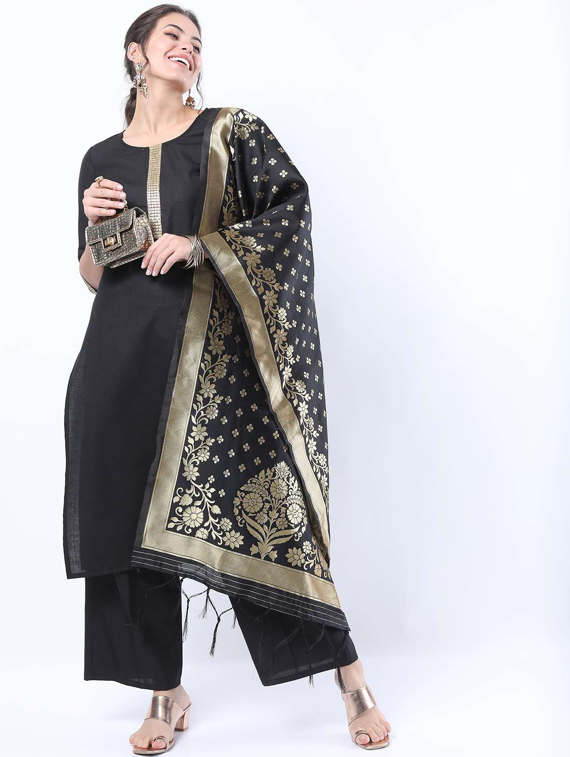women black kurta palazzo set with dupatta