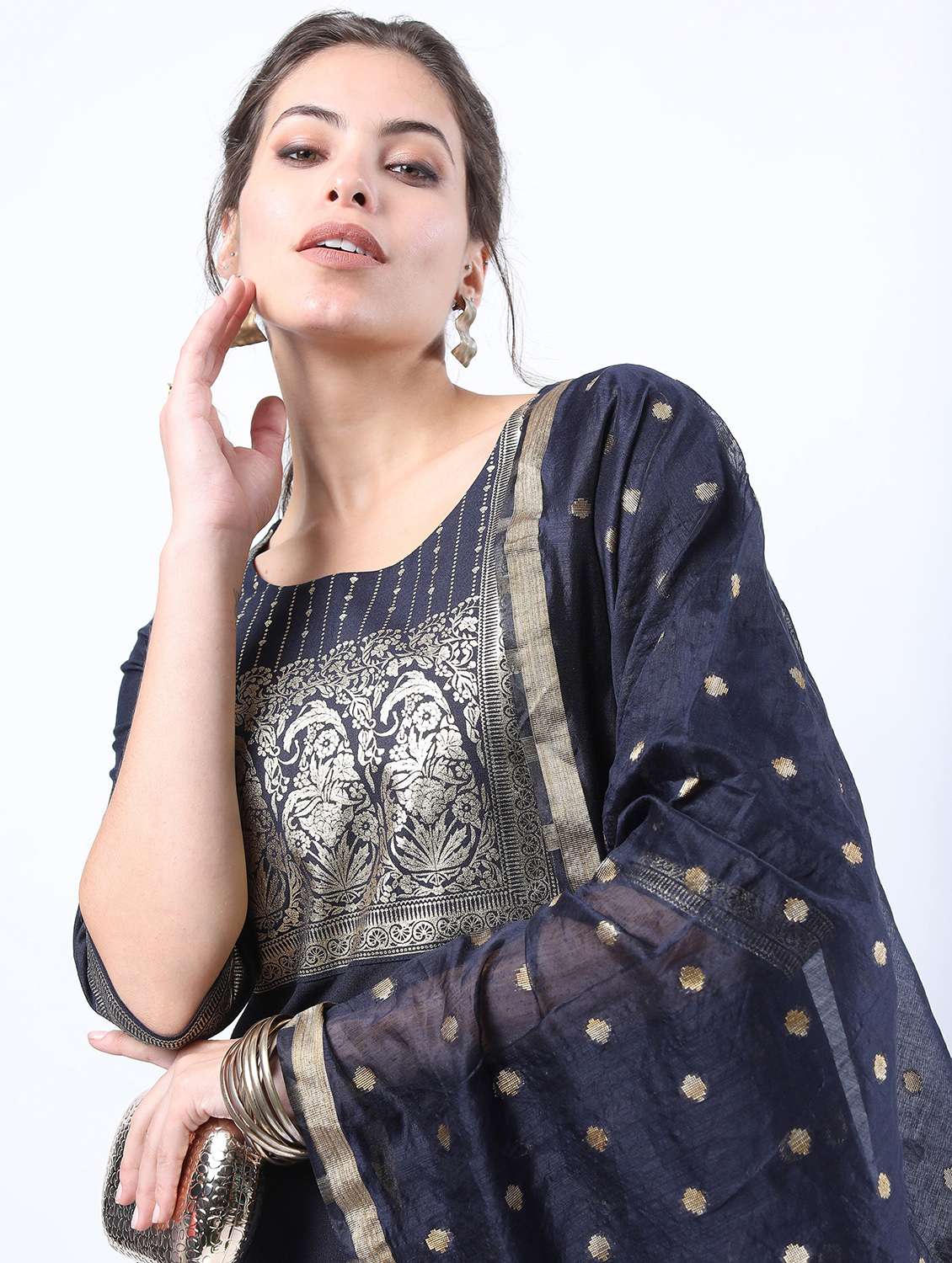 women navy blue kurta pant set with dupatta - 21488354 -  Standard Image - 3