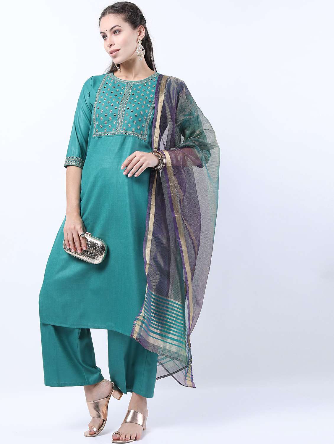 women turquoise kurta palazzo set with dupatta