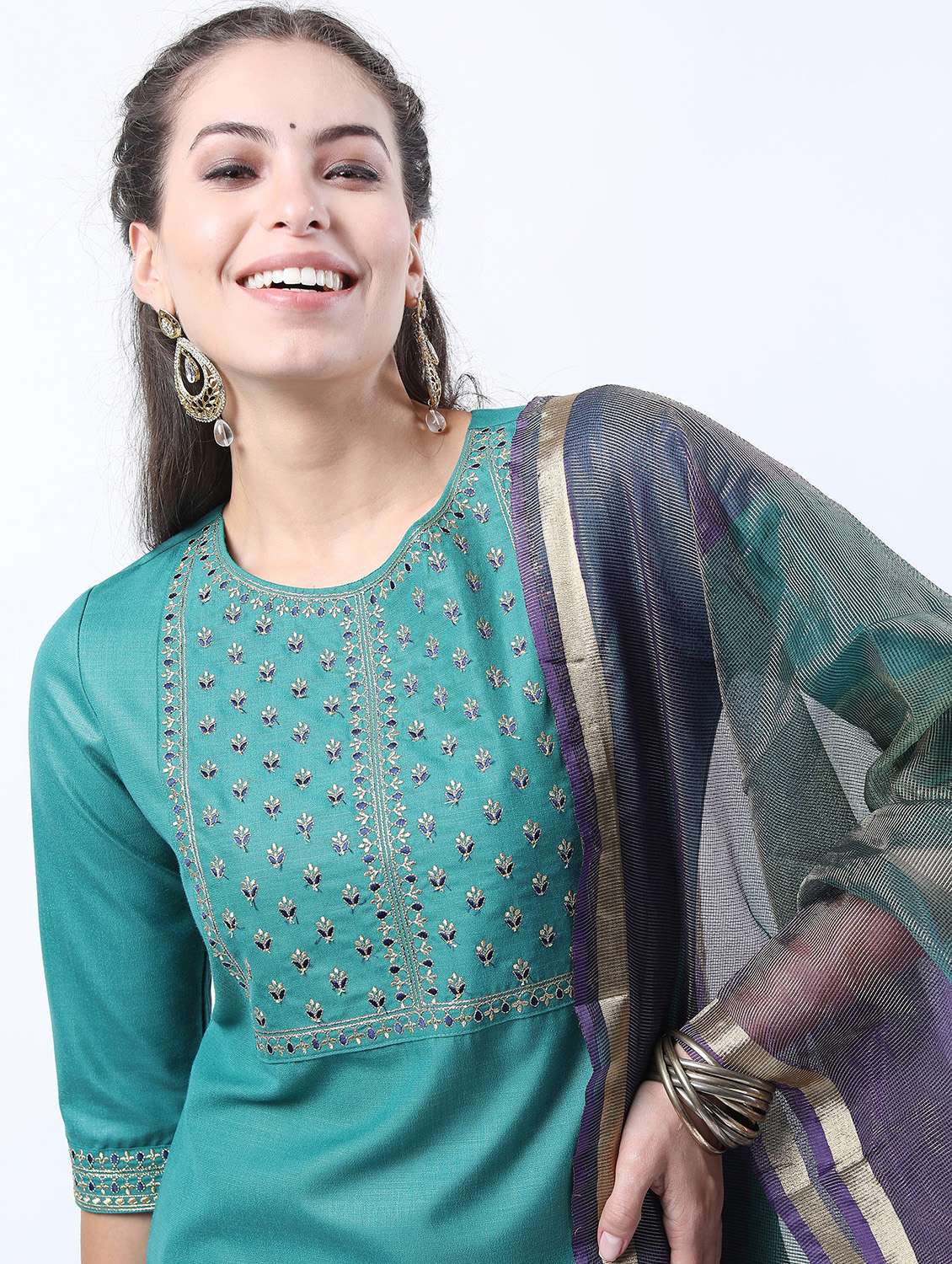 women turquoise kurta palazzo set with dupatta - 21488359 -  Standard Image - 3