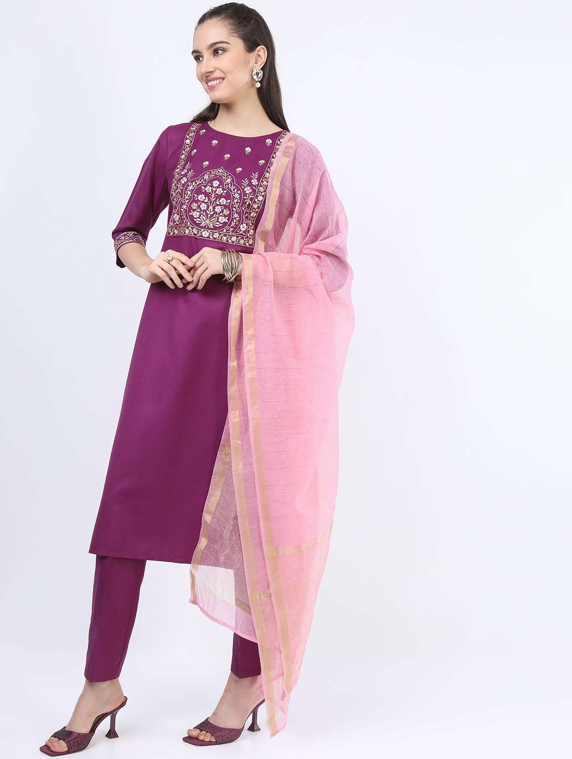 purple self-designed kurta pant set