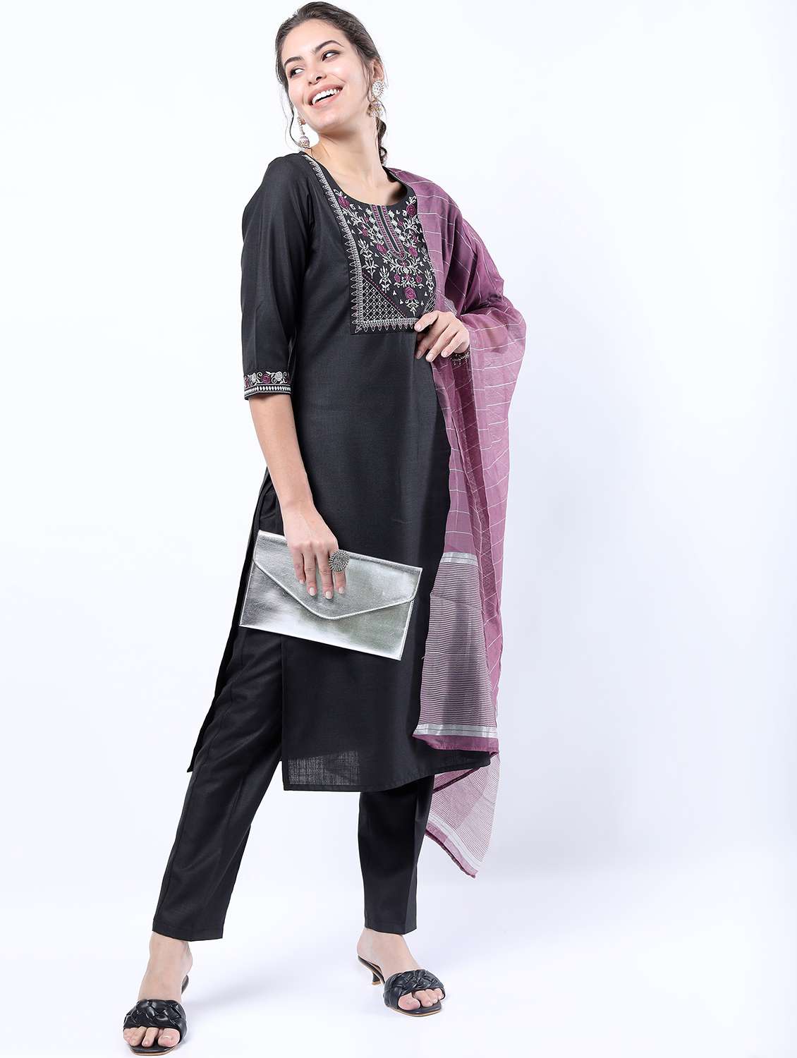 women black kurta pant set with dupatta