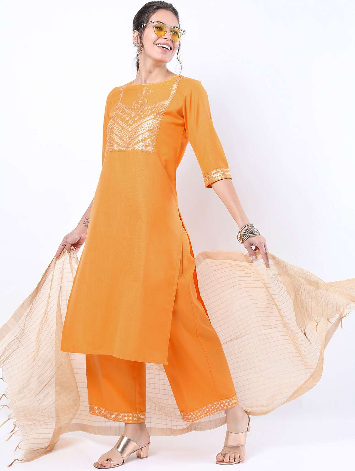 women orange kurta palazzo set with dupatta - 21488378 -  Zoom Image - 0