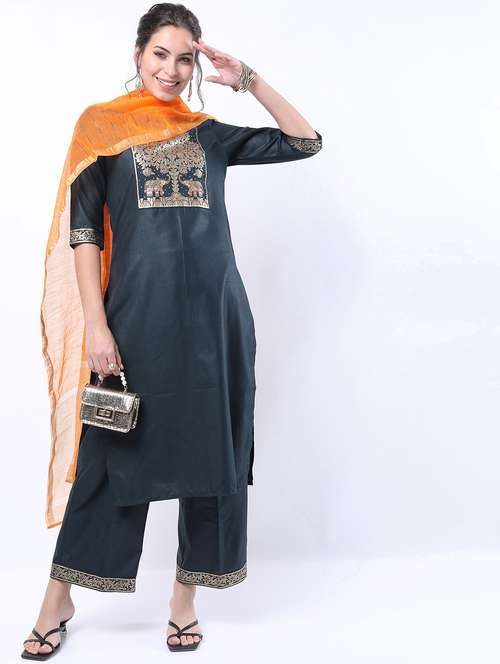 women round neck kurta palazzo set with dupatta - 21488382 -  Standard Image - 0