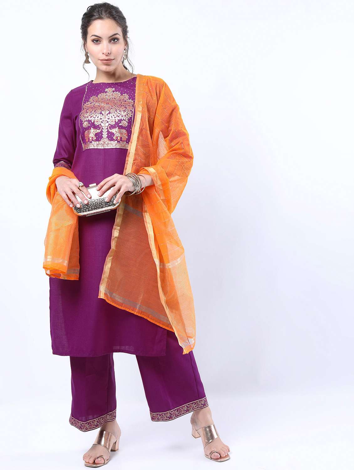 women purple kurta palazzo set with dupatta