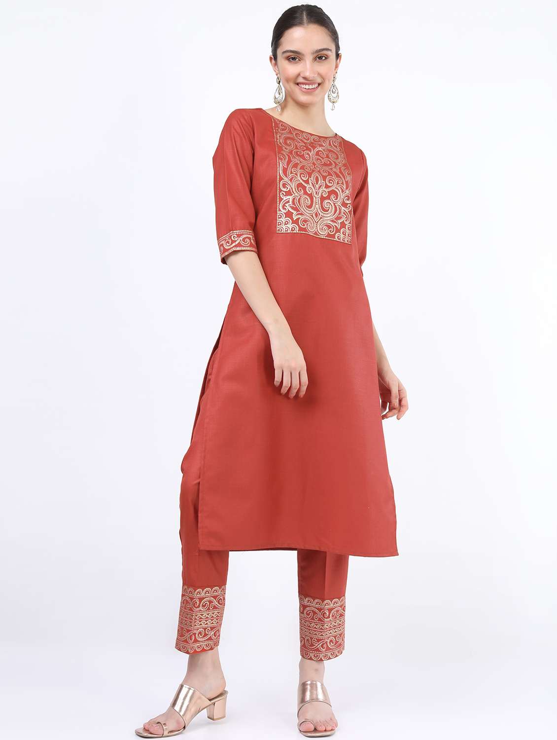 women rust  round neck kurta pant set