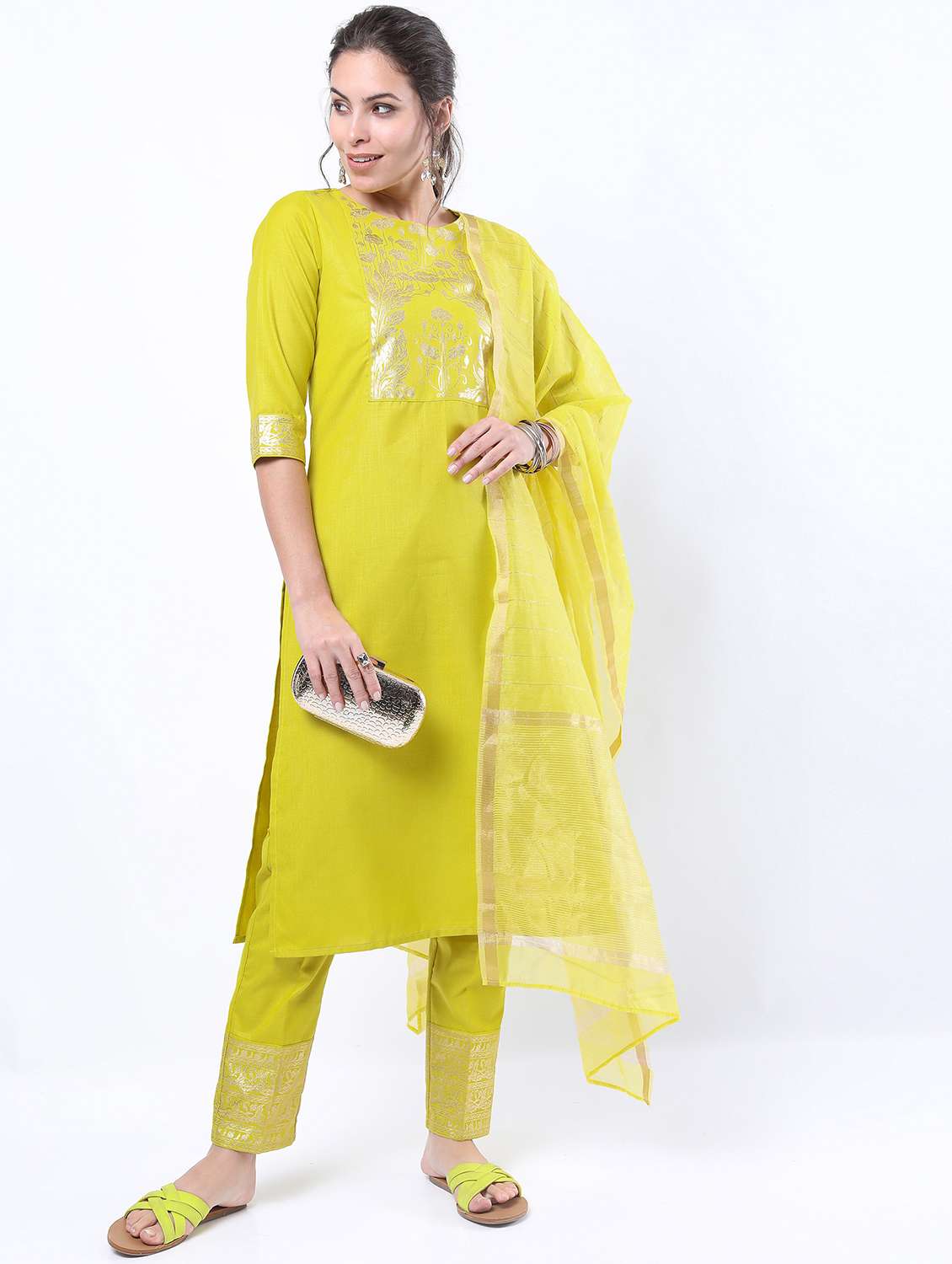 green printed kurta pant set
