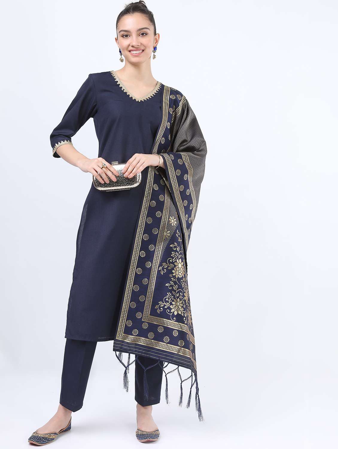 women navy blue kurta pant set with dupatta