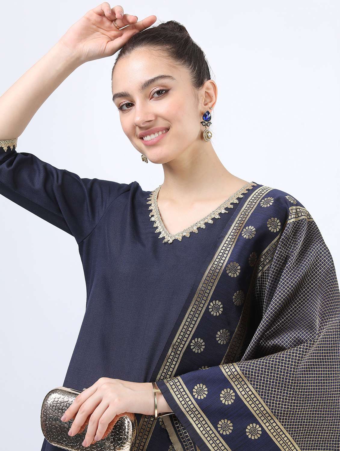 women navy blue kurta pant set with dupatta - 21488415 -  Standard Image - 3
