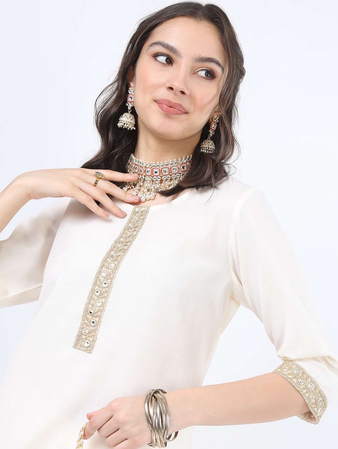 white mirror work kurta pant set - 21488429 -  Standard Image - 3