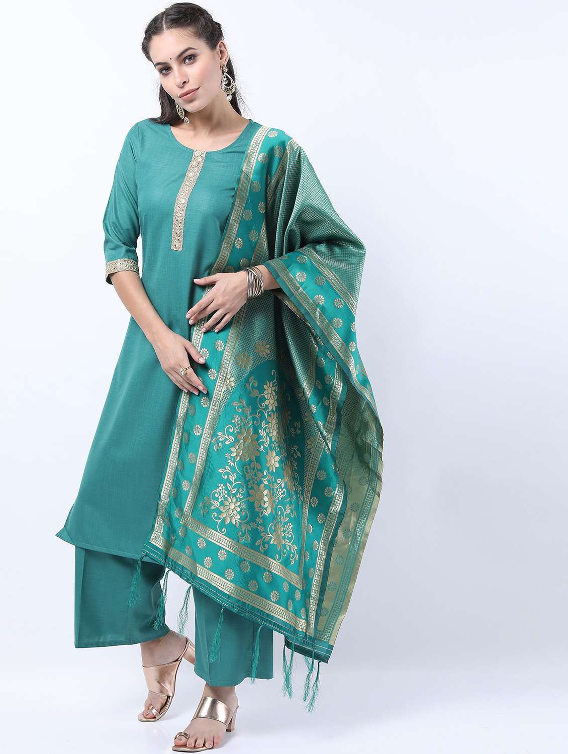 women turquoise kurta pant set with dupatta