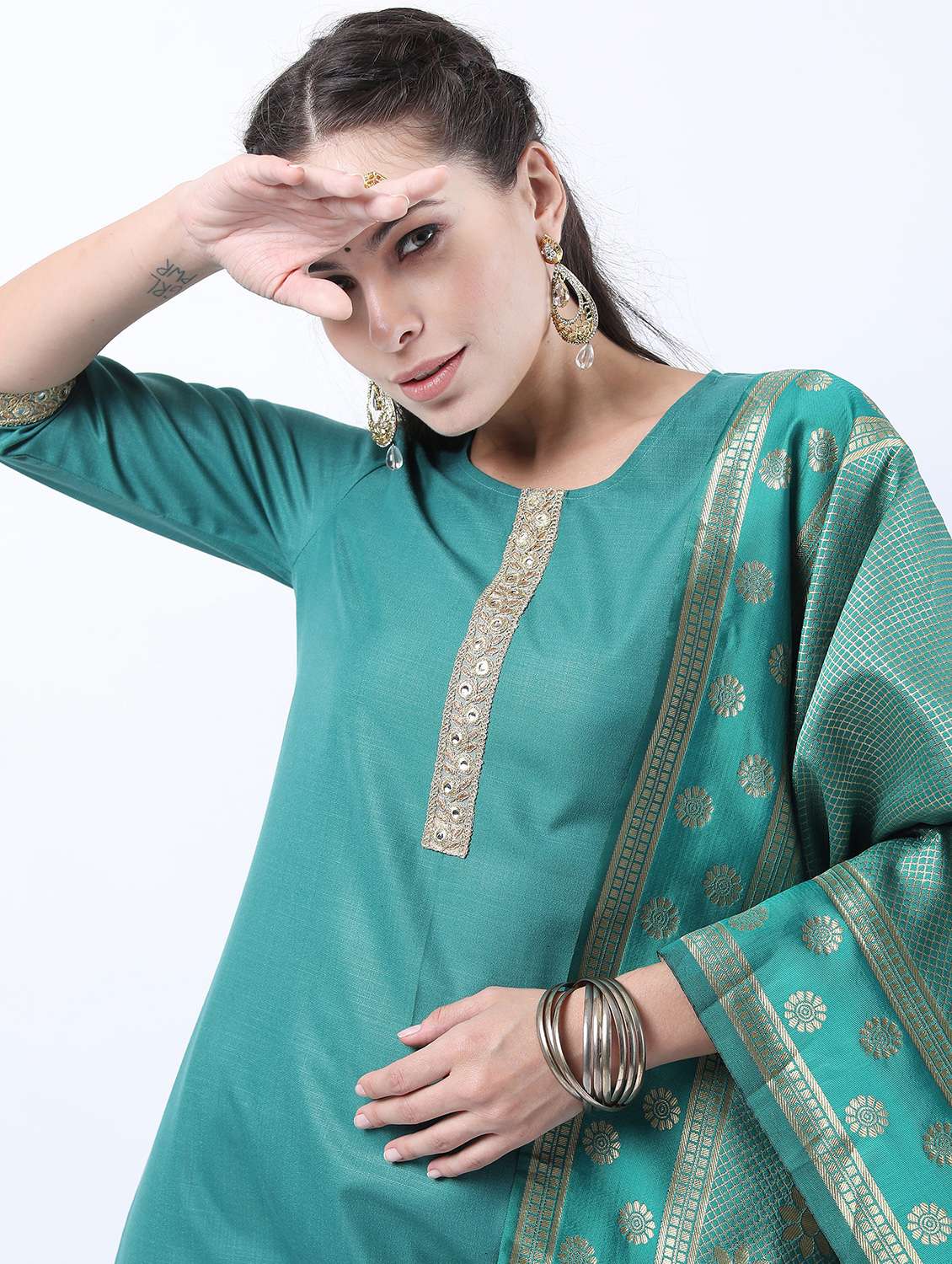 women turquoise kurta pant set with dupatta - 21488433 - Standard Image - 3