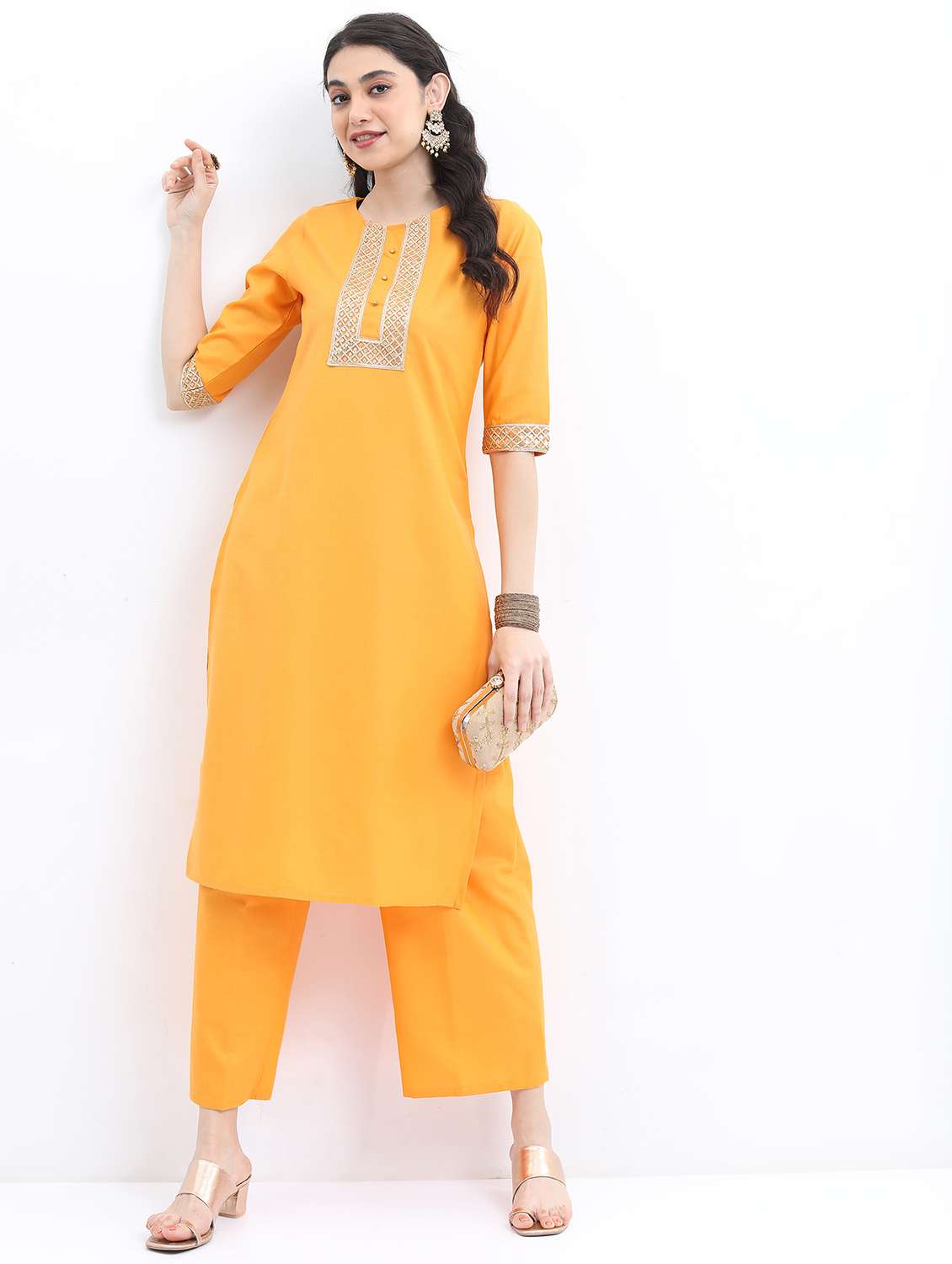 women yellow solid kurta palazzo set