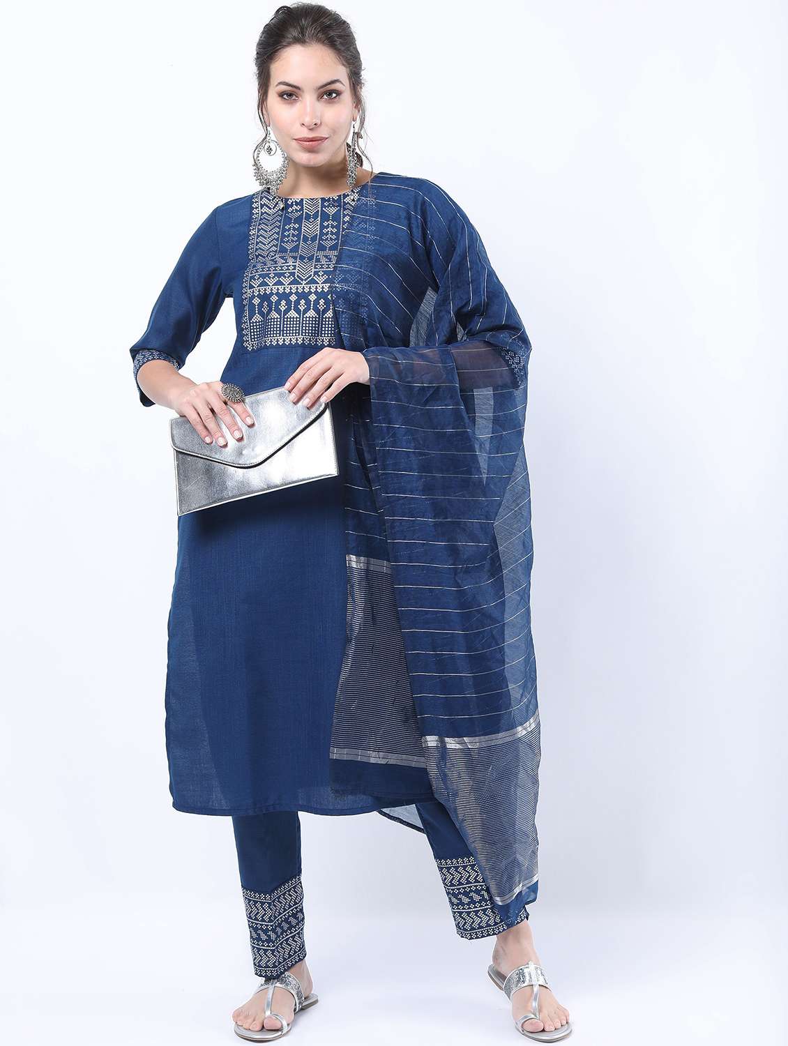 women blue kurta pant set with dupatta