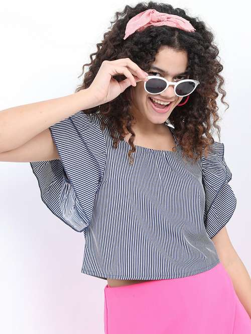 women navy blue cotton blend regular top - 21488472 - Standard Image - 0