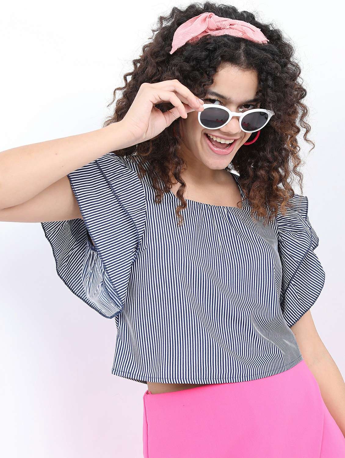 women navy blue cotton blend regular top