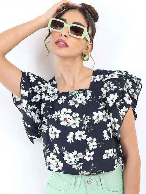 women navy blue cotton blend regular top - 21488477 - Standard Image - 0