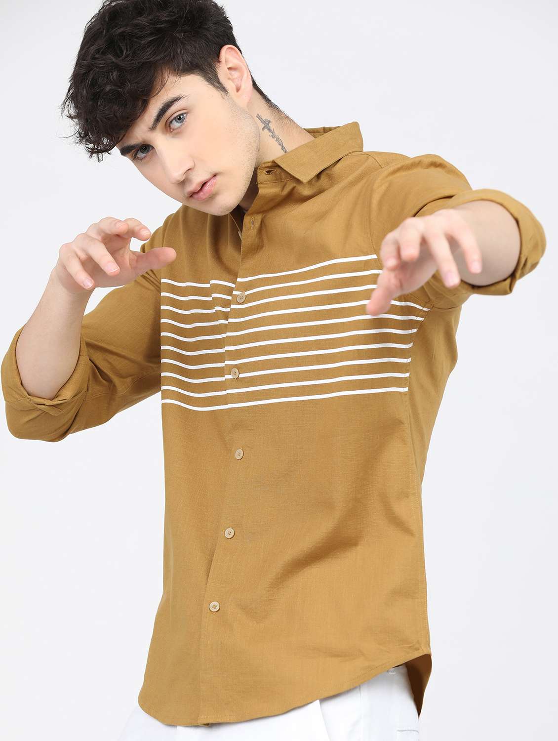 men mustard collared neck casual shirts