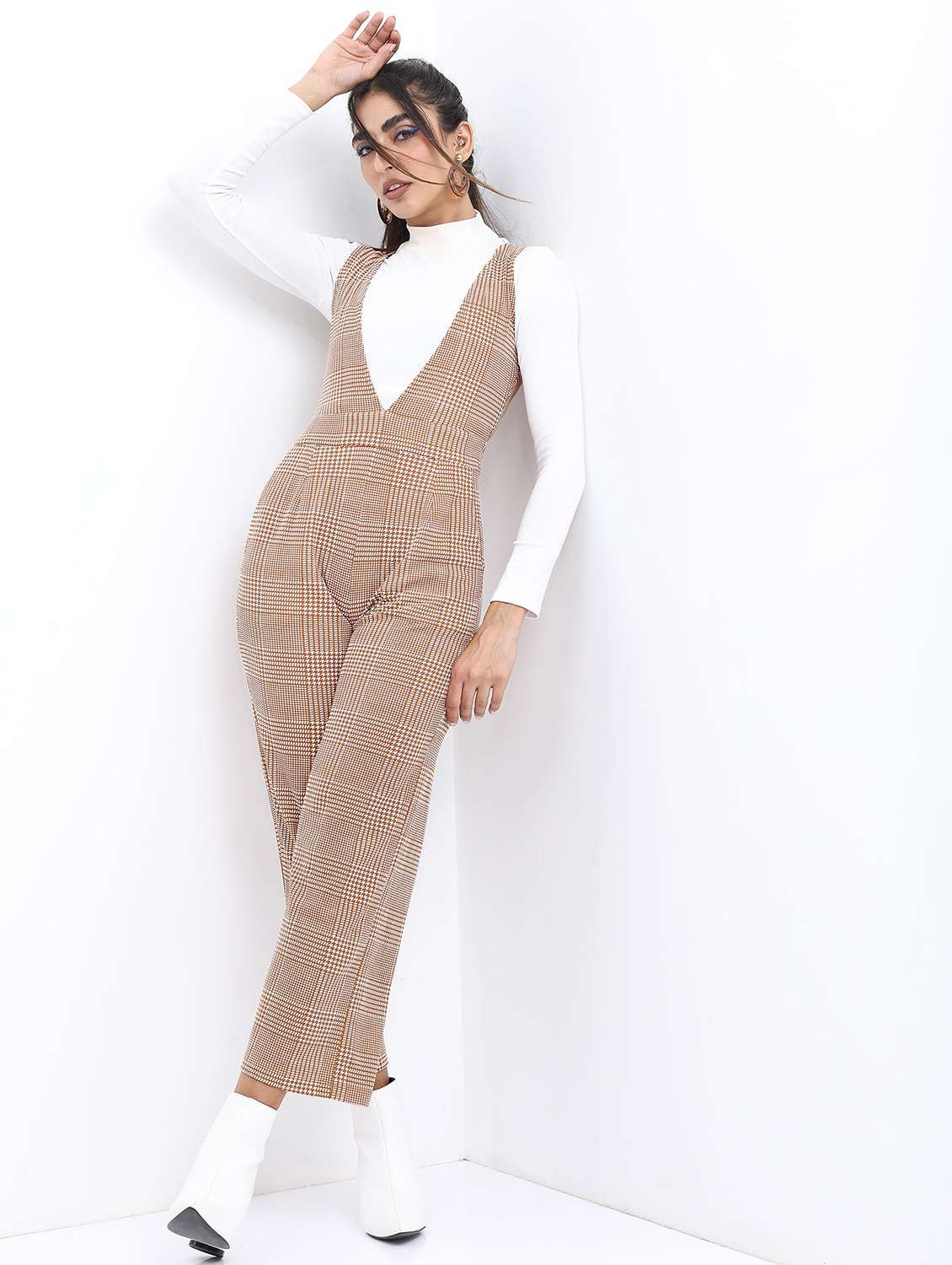brown self-designed full leg jumpsuit