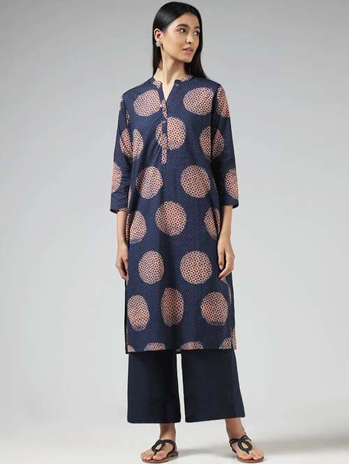 women navy blue printed straight kurta - 21489054 -  Standard Image - 0