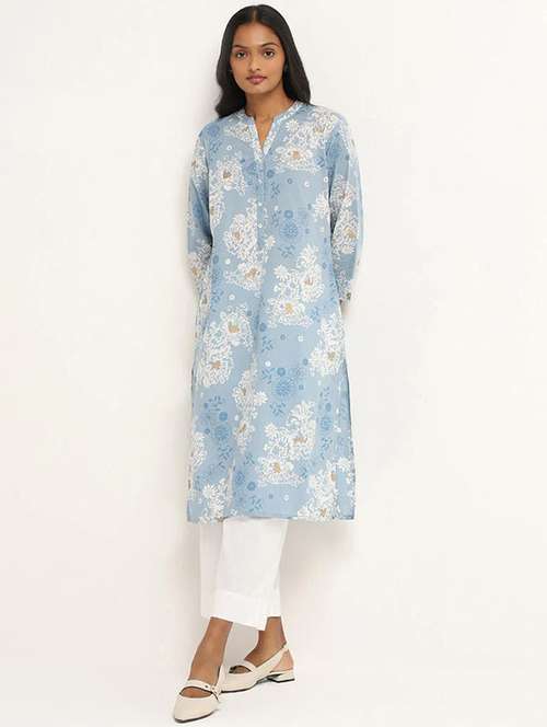 women light blue floral printed straight kurta - 21489072 -  Standard Image - 0