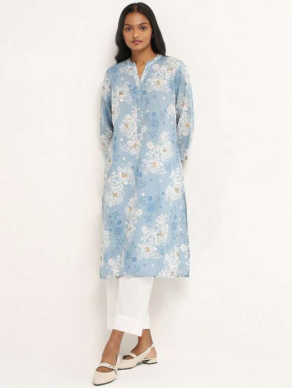 women light blue floral printed straight kurta - 21489072 -  Zoom Image - 0