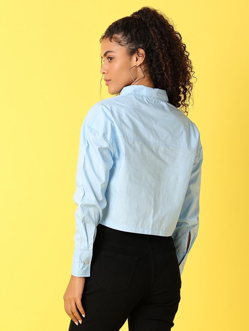 women solid collared long sleeves crop shirt - 21489444 - Standard Image - 3
