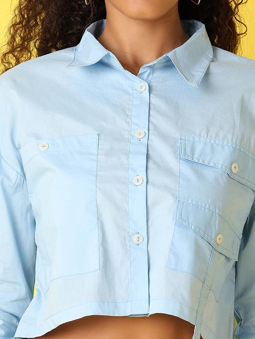 women solid collared long sleeves crop shirt - 21489444 - Standard Image - 5