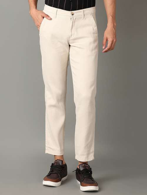 men cream solid chinos trouser - 21490017 -  Standard Image - 0